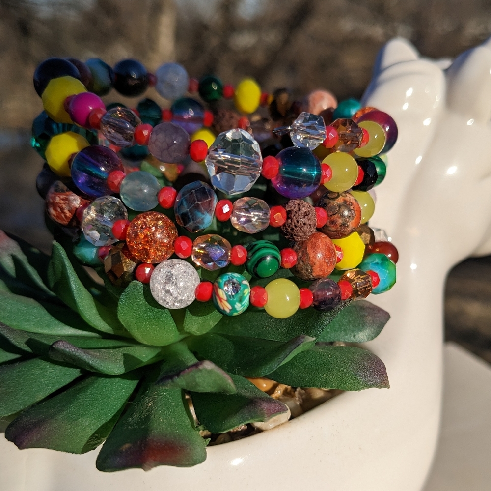 NEW JASPER Crystals LAVA STONE Beaded Bracelet Coil Glass Beads Sparkly Handmade - Picture 6 of 10